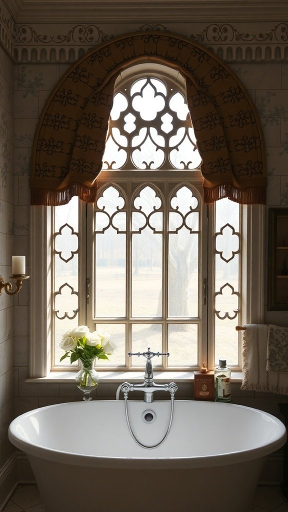 A charming bathroom window with a decorative valance, showcasing a clawfoot tub and fresh flowers.