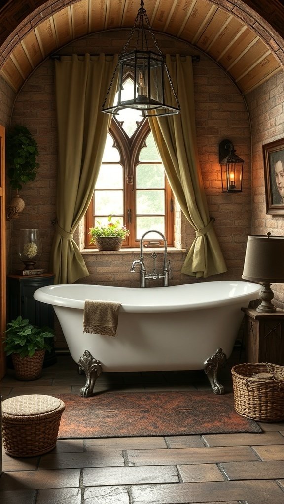 A cozy bathroom featuring a clawfoot tub, stone walls, and warm lighting.