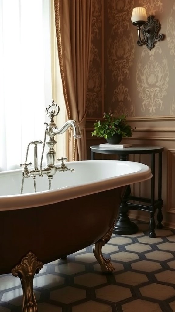An ornate faucet above a clawfoot tub in a Castlecore Bathroom, featuring stone walls and warm lighting.