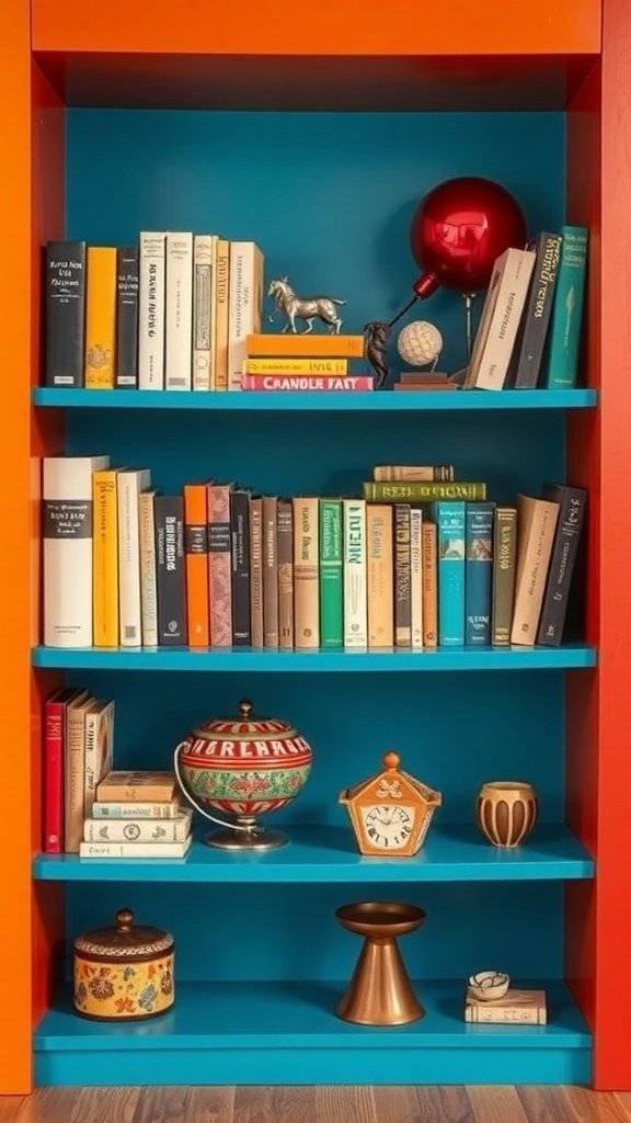 A colorful bookshelf with orange and teal color blocking, filled with books and decorative items.
