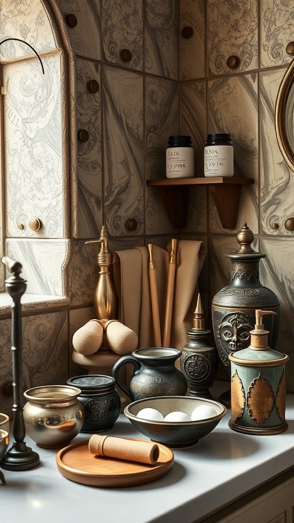 An assortment of decorative bath accessories including vases, candle holders, and a tray in a Castlecore Bathroom setting.