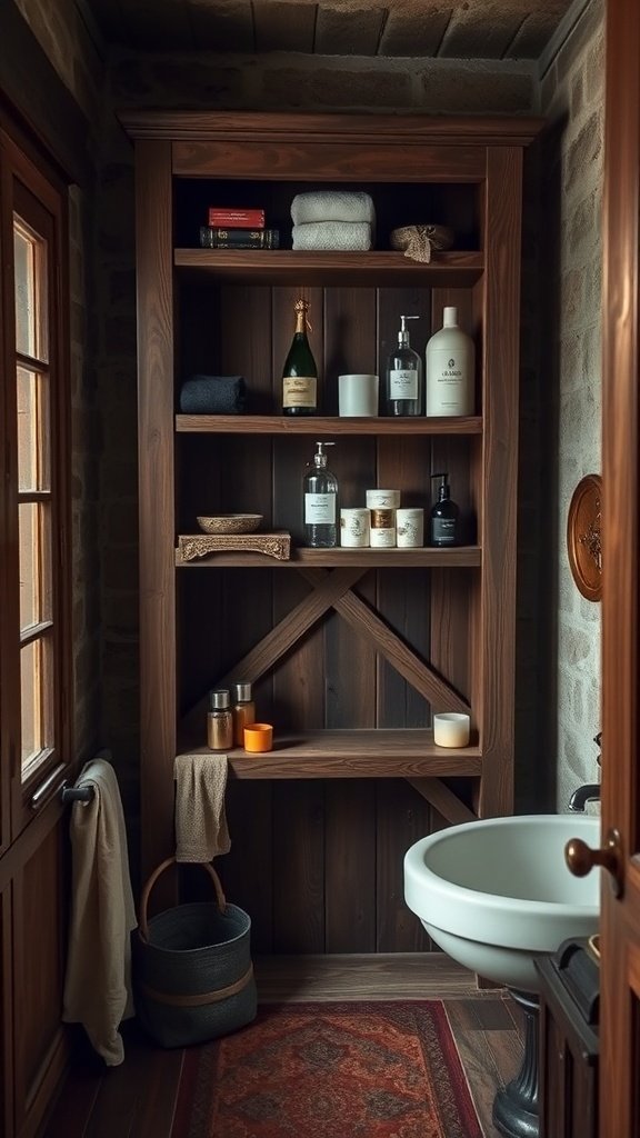 A rustic wooden shelving unit in a bathroom, displaying towels, toiletries, and decorative items.