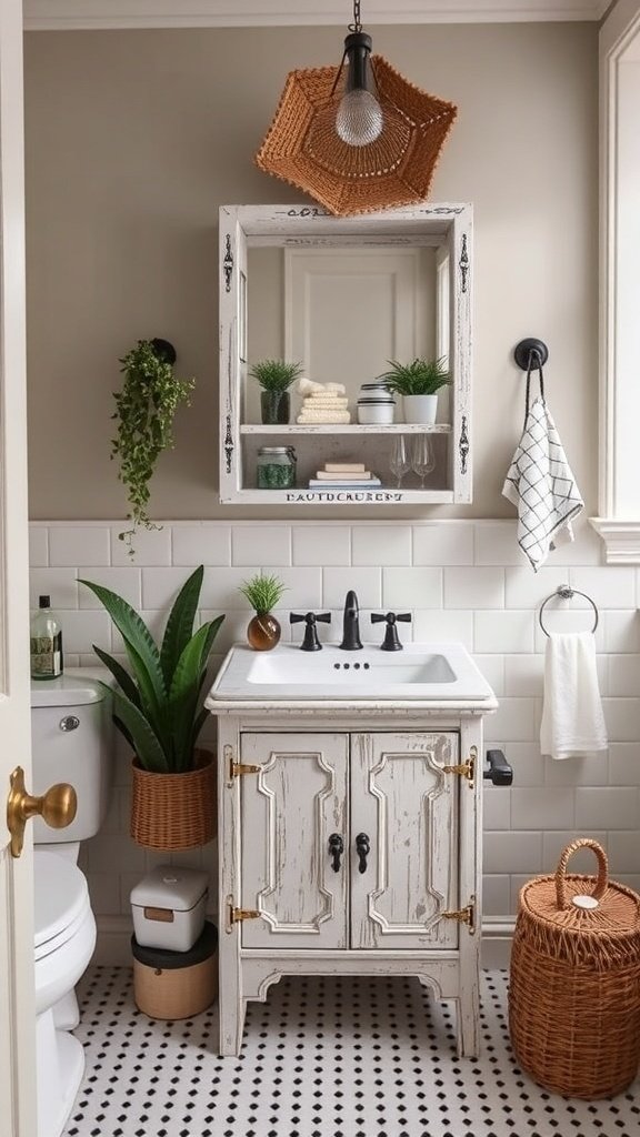 Cozy Castlecore bathroom with stone walls, a clawfoot tub, and vintage storage solutions.