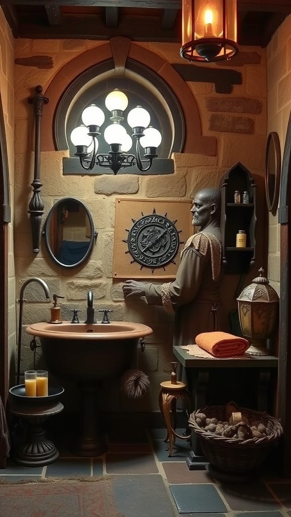 A cozy bathroom with stone walls, a clawfoot sink, and warm lighting, featuring a statue and decorative elements.