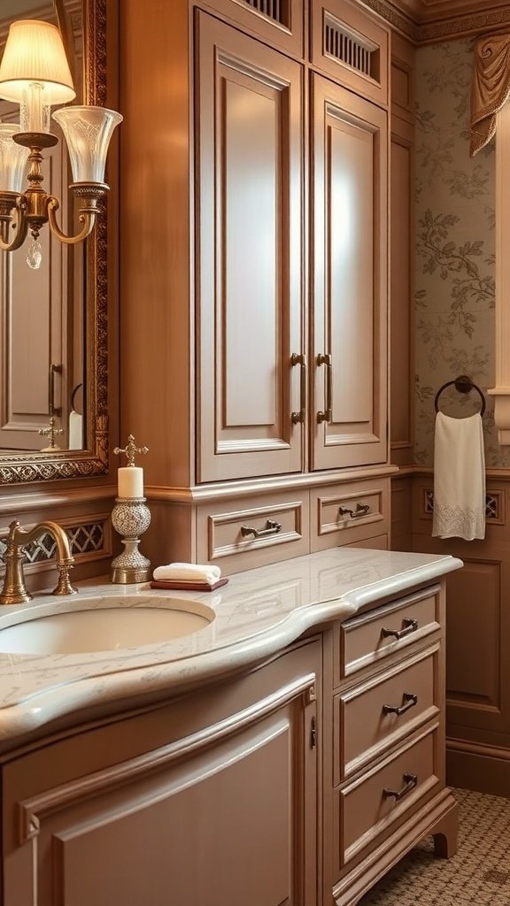 A classic bathroom featuring wooden cabinetry, ornate tiles, a round mirror, and a stylish light fixture.