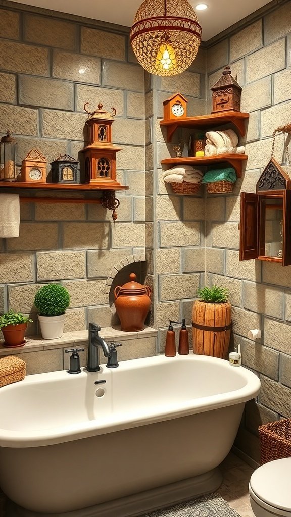 A cozy Castlecore bathroom featuring a clawfoot tub, stone walls, wooden shelves with decorative clocks, and plants.
