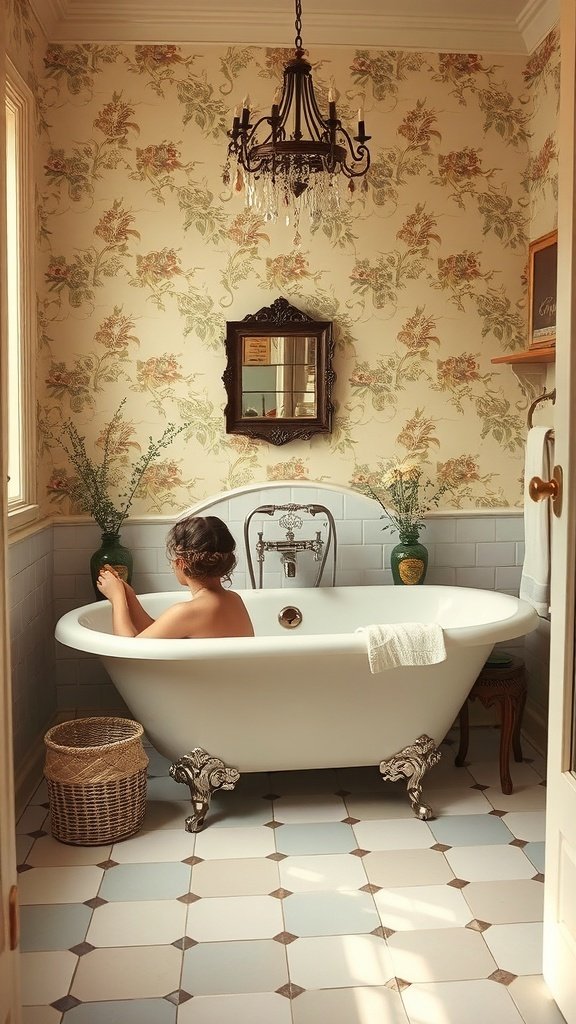 A luxurious bathroom featuring a clawfoot tub, stone walls, and candlelight, creating a serene atmosphere.
