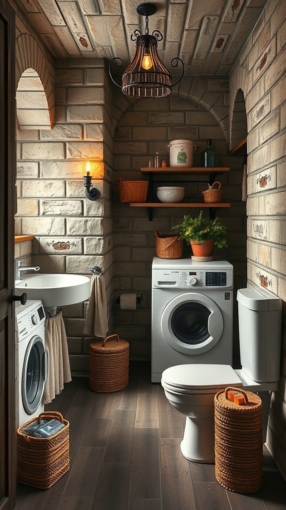 Stylish laundry area with stone walls, a washing machine, and decorative elements.