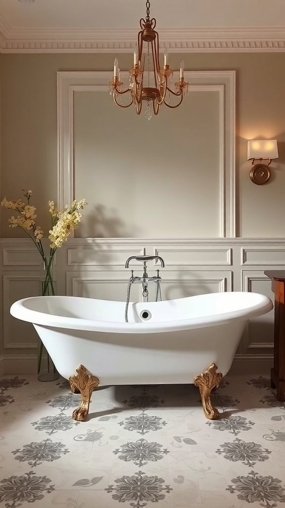 A clawfoot bathtub surrounded by stone walls and framed art, creating a regal bathroom atmosphere.