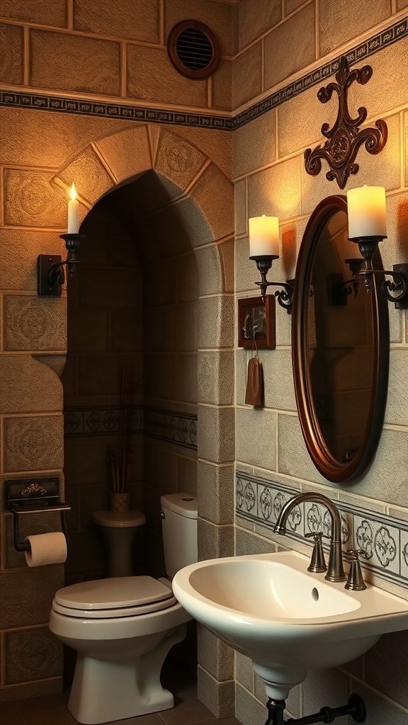 A charming bathroom with stone walls, featuring elegant wall sconces and a framed mirror.