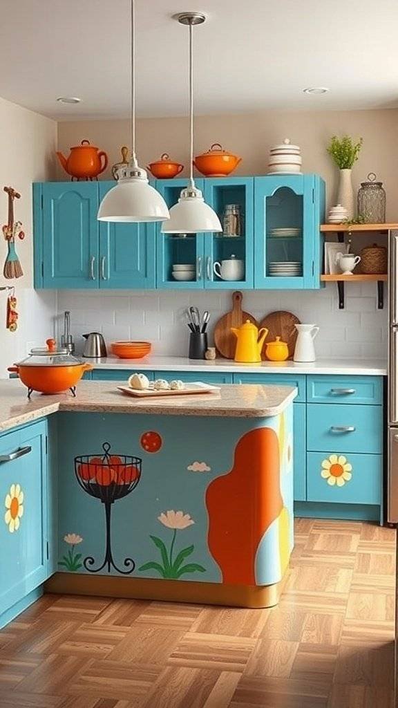 A vibrant retro kitchen island with hand-painted floral designs and colorful kitchenware.