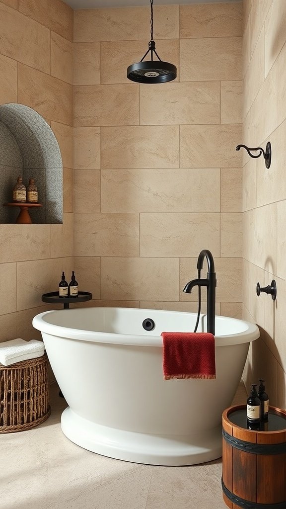 A stylish bathroom featuring a clawfoot tub, stone walls, and elegant accessories.