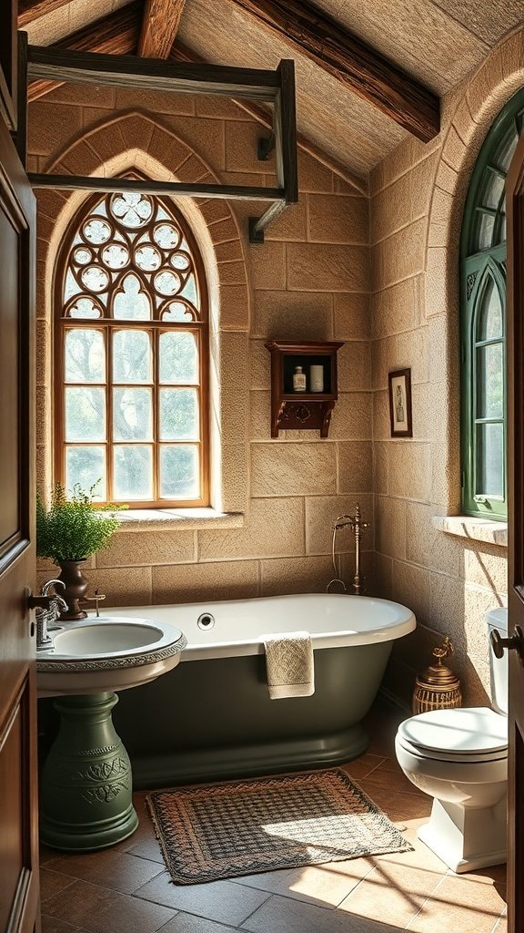 A serene bathroom with stone walls, a clawfoot tub, and natural light from an arched window.