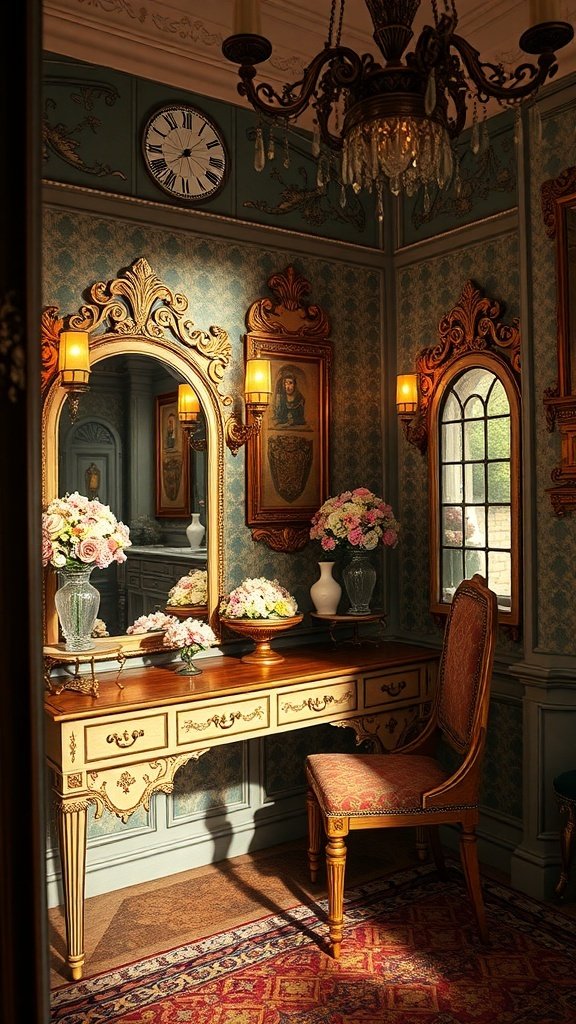A glamorous vanity space featuring an ornate wooden desk, elegant mirrors, and fresh flowers, embodying Castlecore charm.