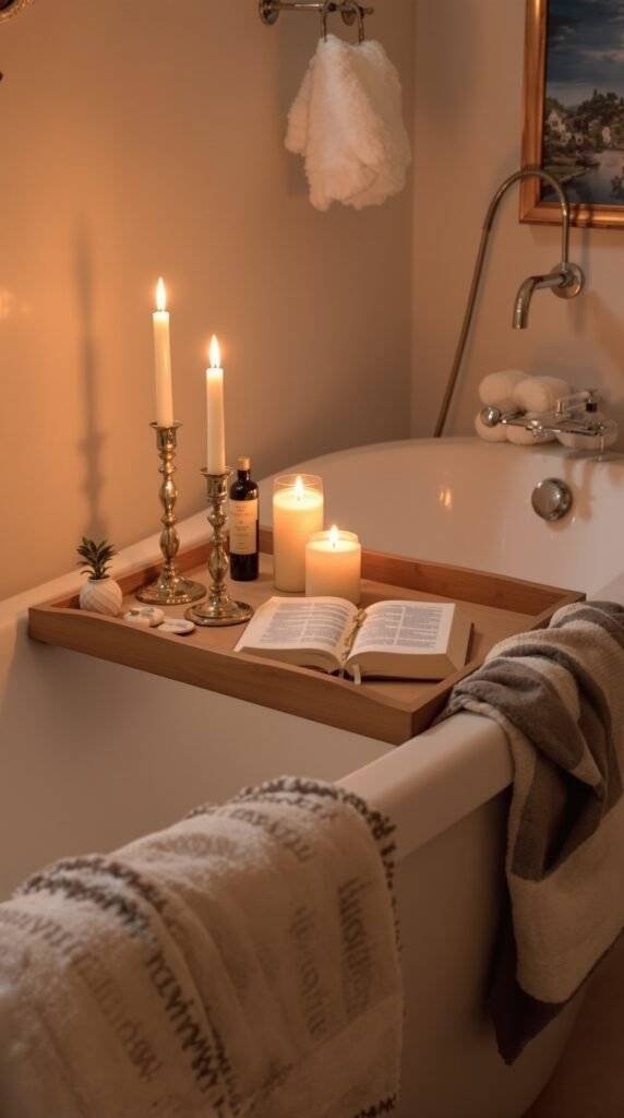 A charming bathtub tray with candles and a book in a Castlecore Bathroom setting.
