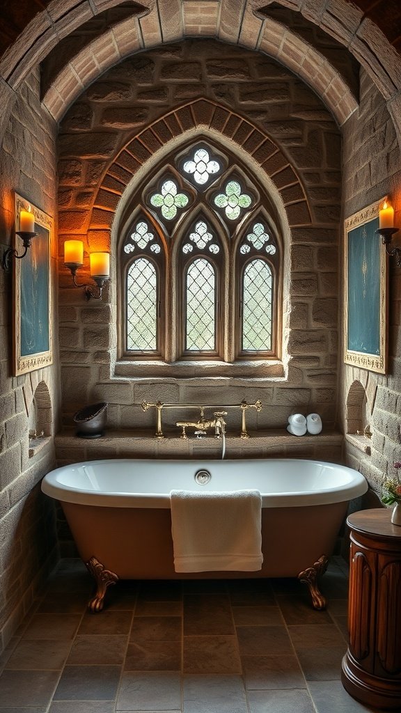 A luxurious bathroom featuring a clawfoot tub, stone walls, and candlelit charm.