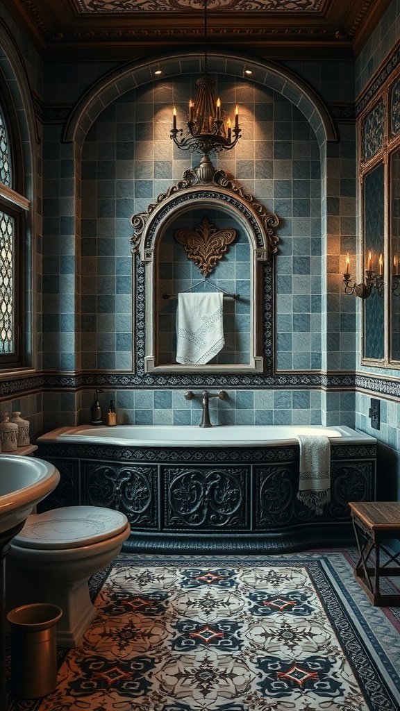 A beautifully designed bathroom featuring artistic tile patterns, a clawfoot tub, and ornate decor.