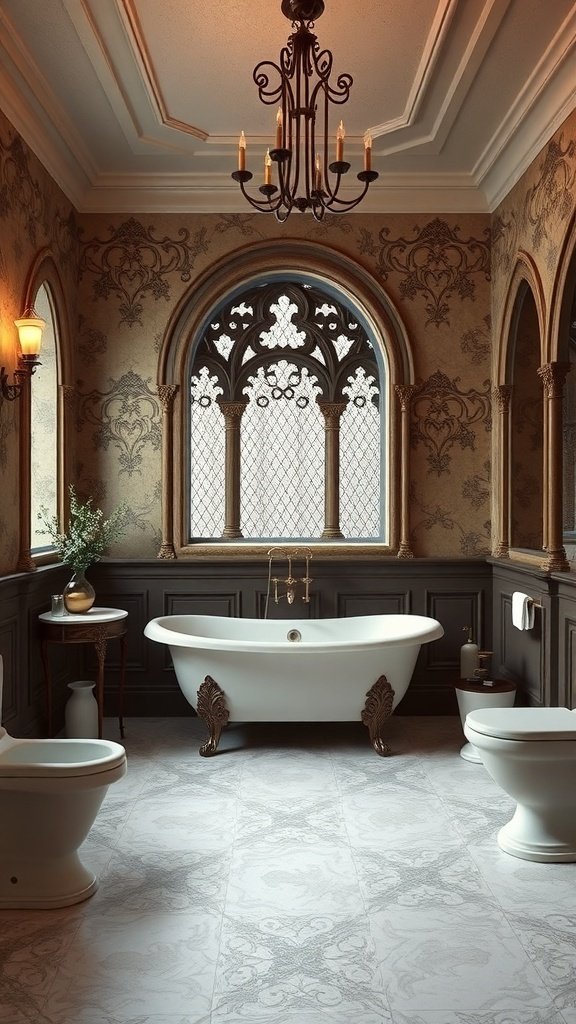 A luxurious bathroom featuring a clawfoot tub, stone walls, and elegant lighting.