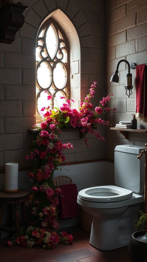 A bathroom with stone walls and a window adorned with cascading floral arrangements, featuring vibrant pink and red flowers.