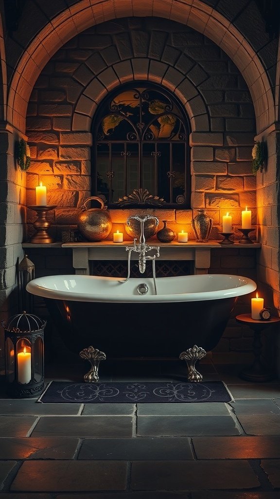 A luxurious bathroom featuring a clawfoot tub, stone walls, and candlelight.