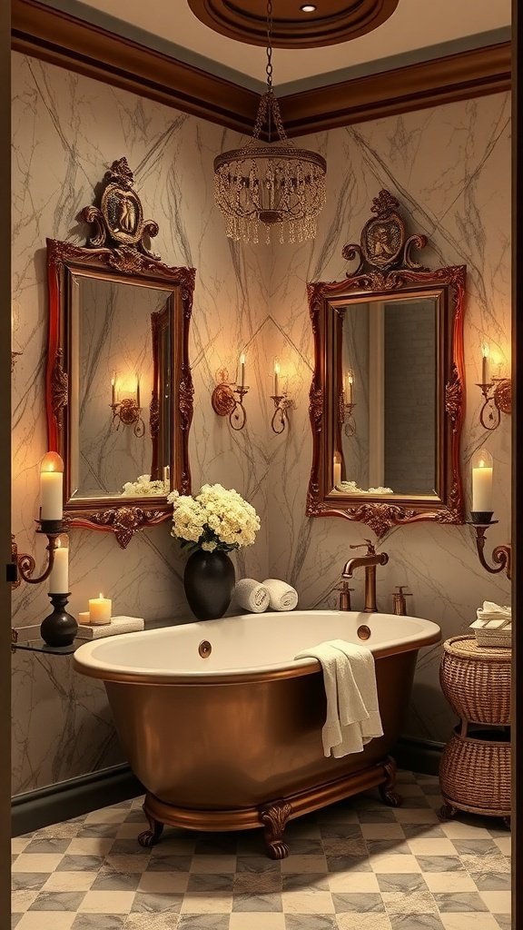 A beautifully designed Castlecore bathroom featuring a clawfoot tub, candlelight, and ornate decor.