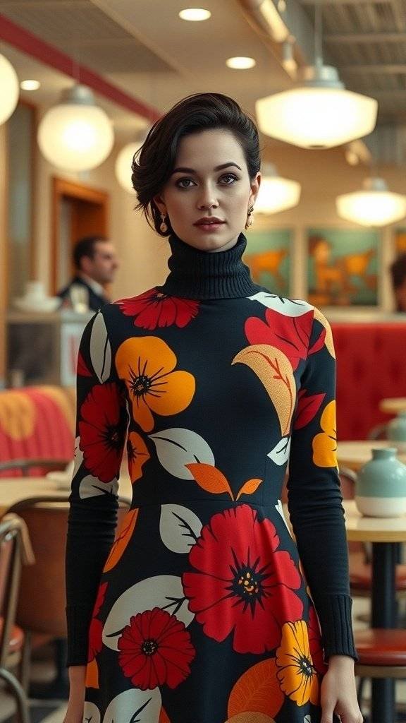 A model wearing a bold floral dress with a turtleneck underneath, showcasing 1960s fashion.