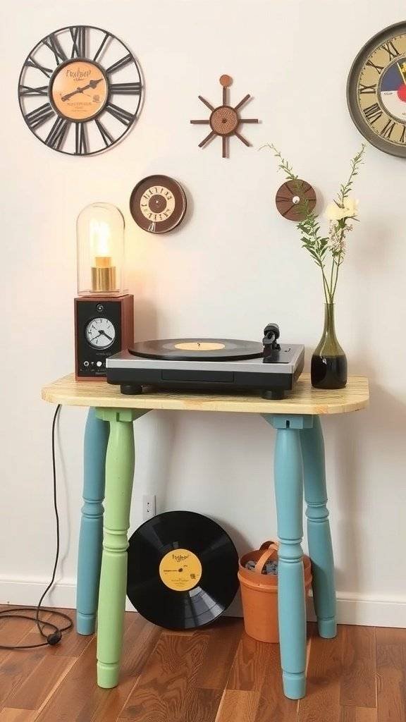 A vintage record player stand with a record player on top and hand painted design.