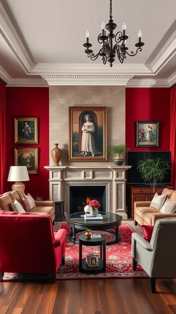 A glamorous living room featuring cherry-red accent walls, velvet seating, and elegant decor.
