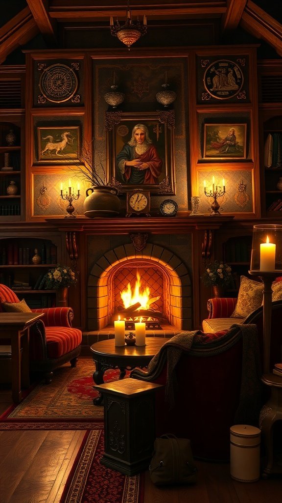 A cozy living room with a fireplace, velvet seating, candles, and classic artwork, creating a warm and inviting atmosphere.