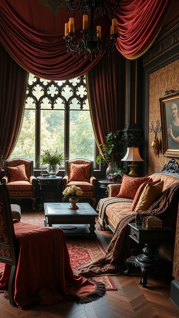A luxurious living room with velvet seating, red accents, and ornate decor inspired by Game of Thrones.