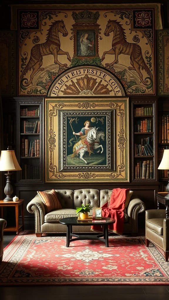 A luxurious living room featuring ornate tapestries and elegant furniture.
