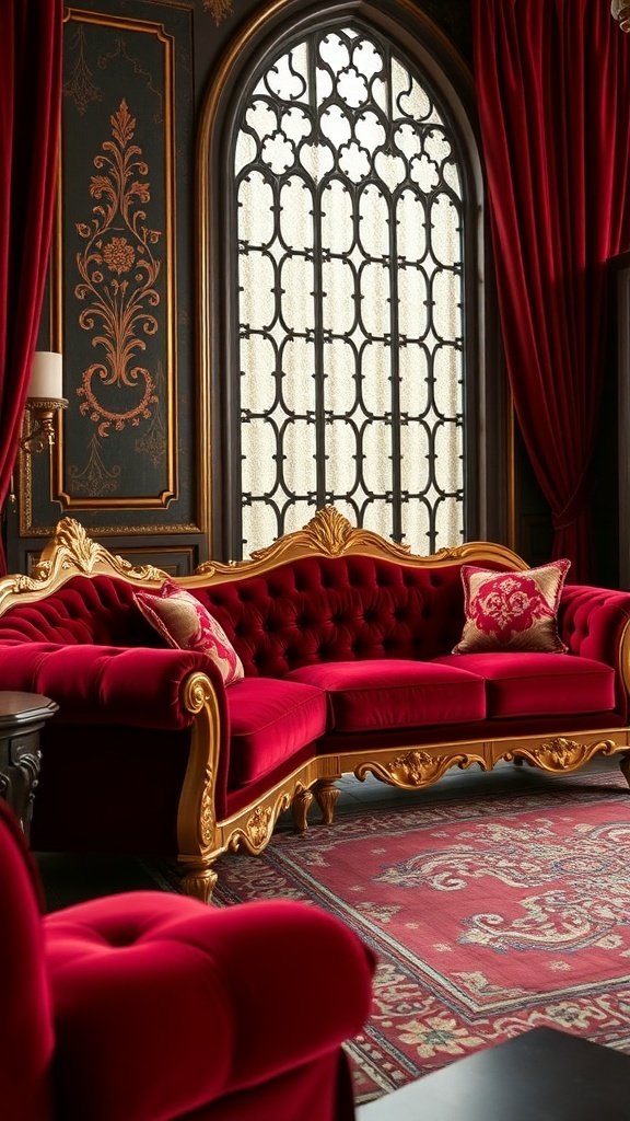 A luxurious living room featuring a cherry-red velvet couch with gold detailing and rich decor.