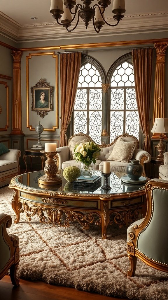 An opulent living room featuring a luxurious coffee table with intricate gold detailing and a glass top, surrounded by elegant seating and rich decor.