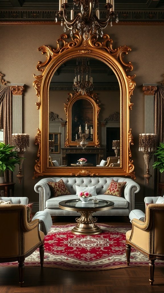 A luxurious living room featuring a large gilded mirror, velvet seating, and a rich red rug.