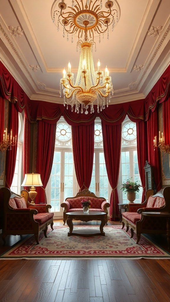 A luxurious living room featuring a grand chandelier, red drapes, and elegant furniture.