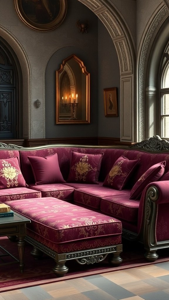 A luxurious velvet sectional sofa in cherry-red with gold detailing, set in an elegant room with ornate architecture.