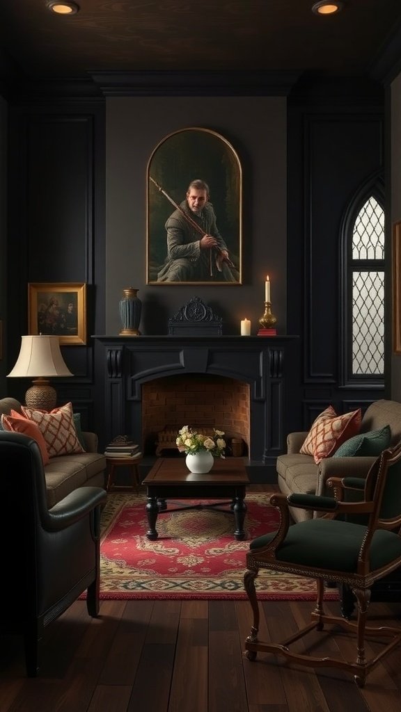 A glamorous living room featuring dark wood accents, plush seating, and a striking portrait above the fireplace.