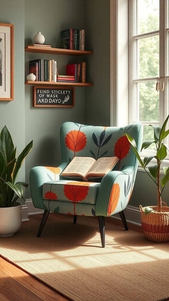 A mid-century inspired accent chair with a hand-painted leaf design, placed in a cozy corner with natural light.