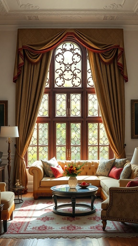 A luxurious living room featuring custom draperies, a plush sofa, and a decorative window.
