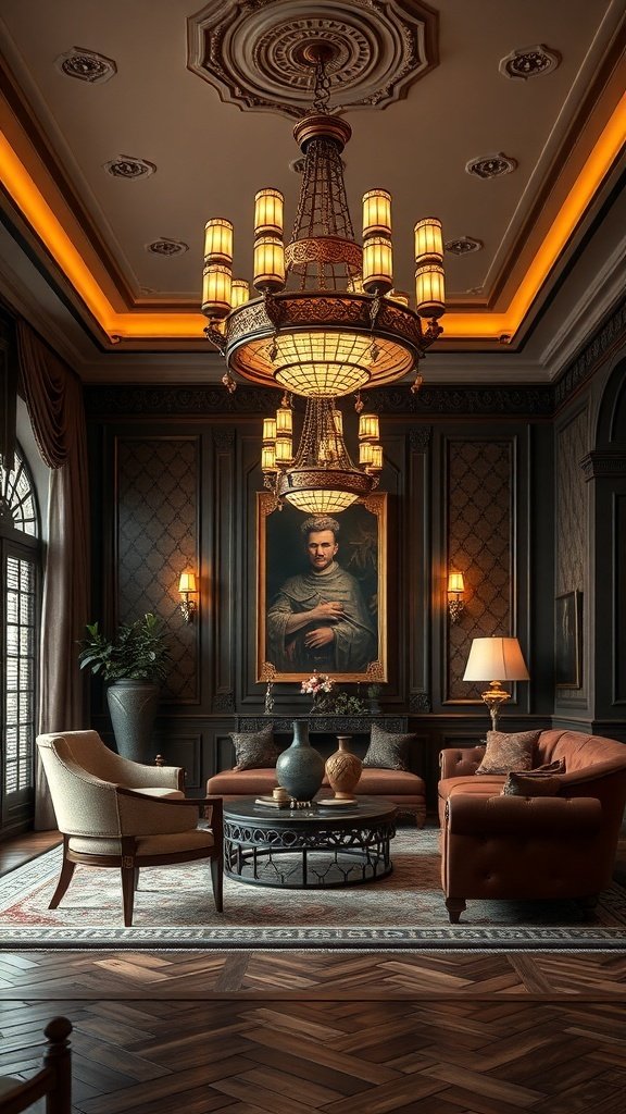 A luxurious living room featuring a grand chandelier, velvet seating, and rich decor.