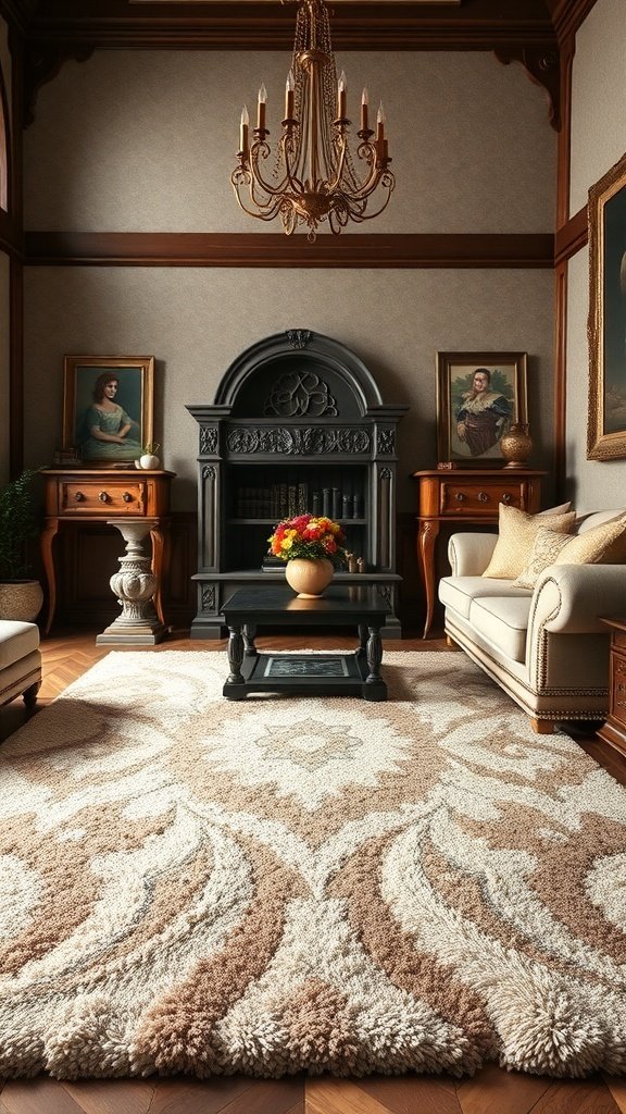 Luxurious living room with a plush area rug, elegant chandelier, and rich wooden furniture.