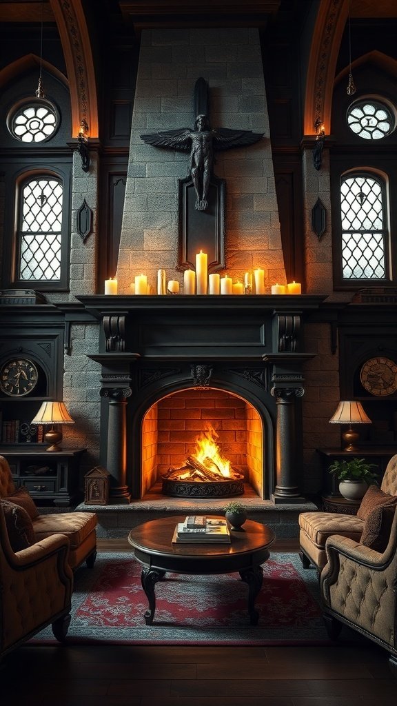 A grand fireplace with candles and elegant seating in a luxurious living room.