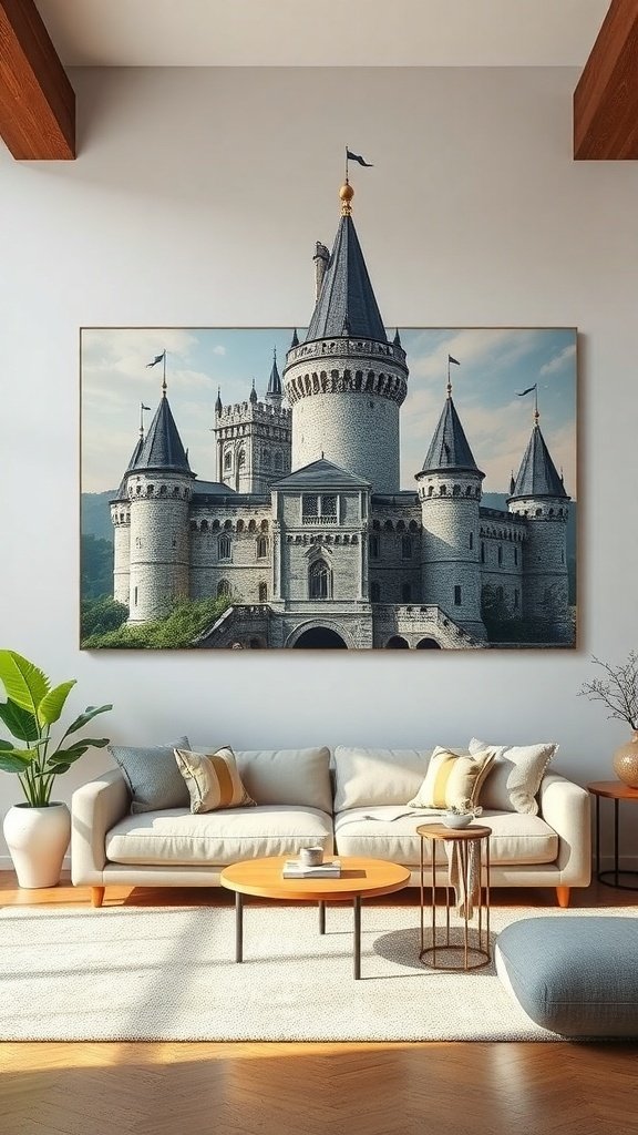 A living room inspired by King's Landing, featuring a mural of a medieval city, velvet seating, and warm leather chairs.