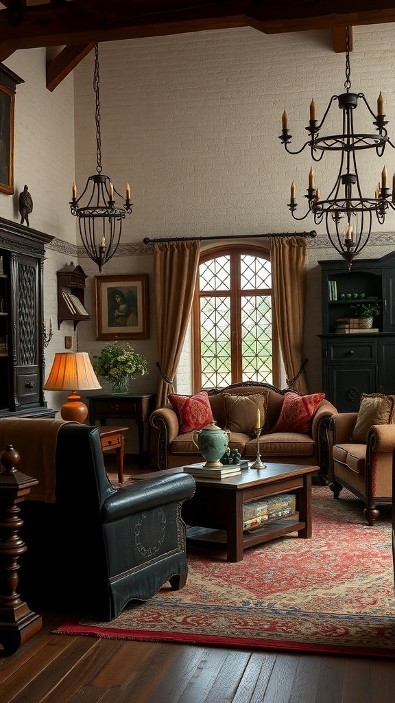 A cozy living room featuring antique furniture, velvet seating, and warm lighting.