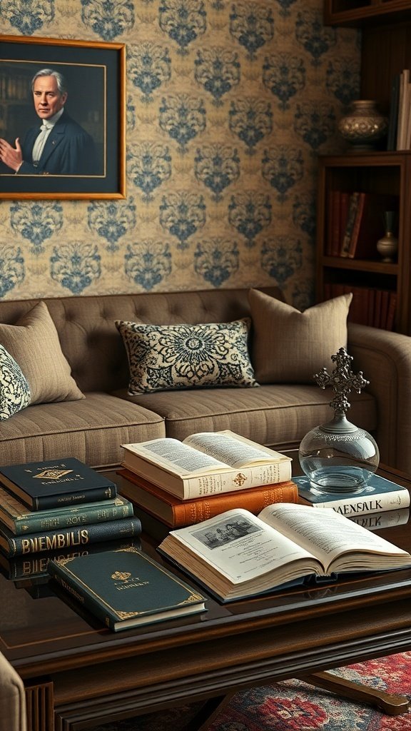A cozy living room with a coffee table stacked with elegant books, featuring velvet seating and gold accents.
