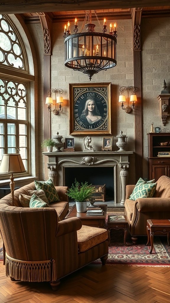 A vintage-inspired living room with velvet seating, a chandelier, and decorative accessories.