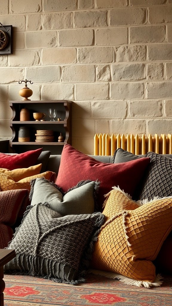 A cozy arrangement of plush throw pillows in rich colors and textures on a sofa.