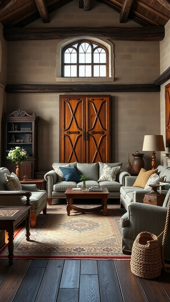 A cozy living room featuring artisan crafted furniture with plush seating, wooden accents, and a warm color palette.