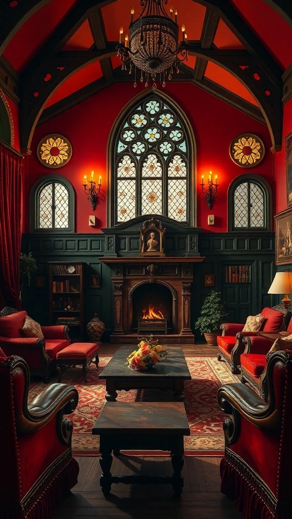 A luxurious living room with cherry-red walls, velvet seating, and gold detailing, inspired by Game of Thrones.