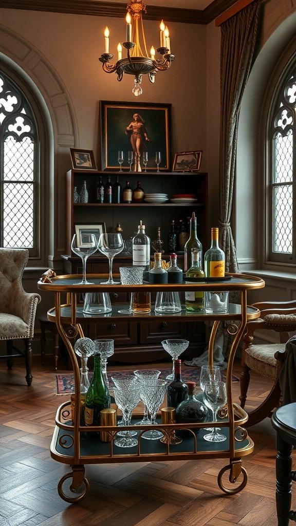 A stylish bar cart with glassware and spirits, set in a luxurious living room.